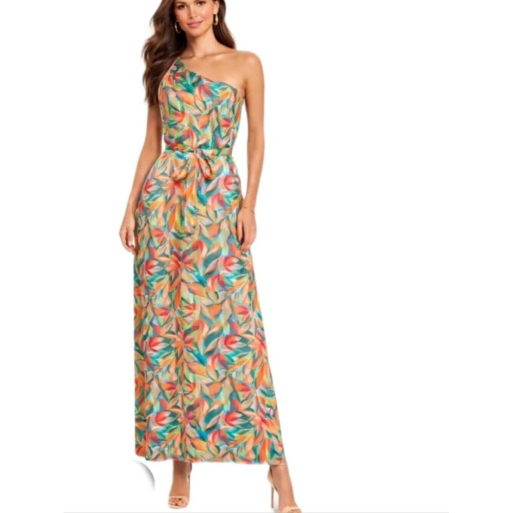 Nicole Miller BEAUTIFUL Colorful One Shoulder Satin Maxi Dress Tie Belt 8
